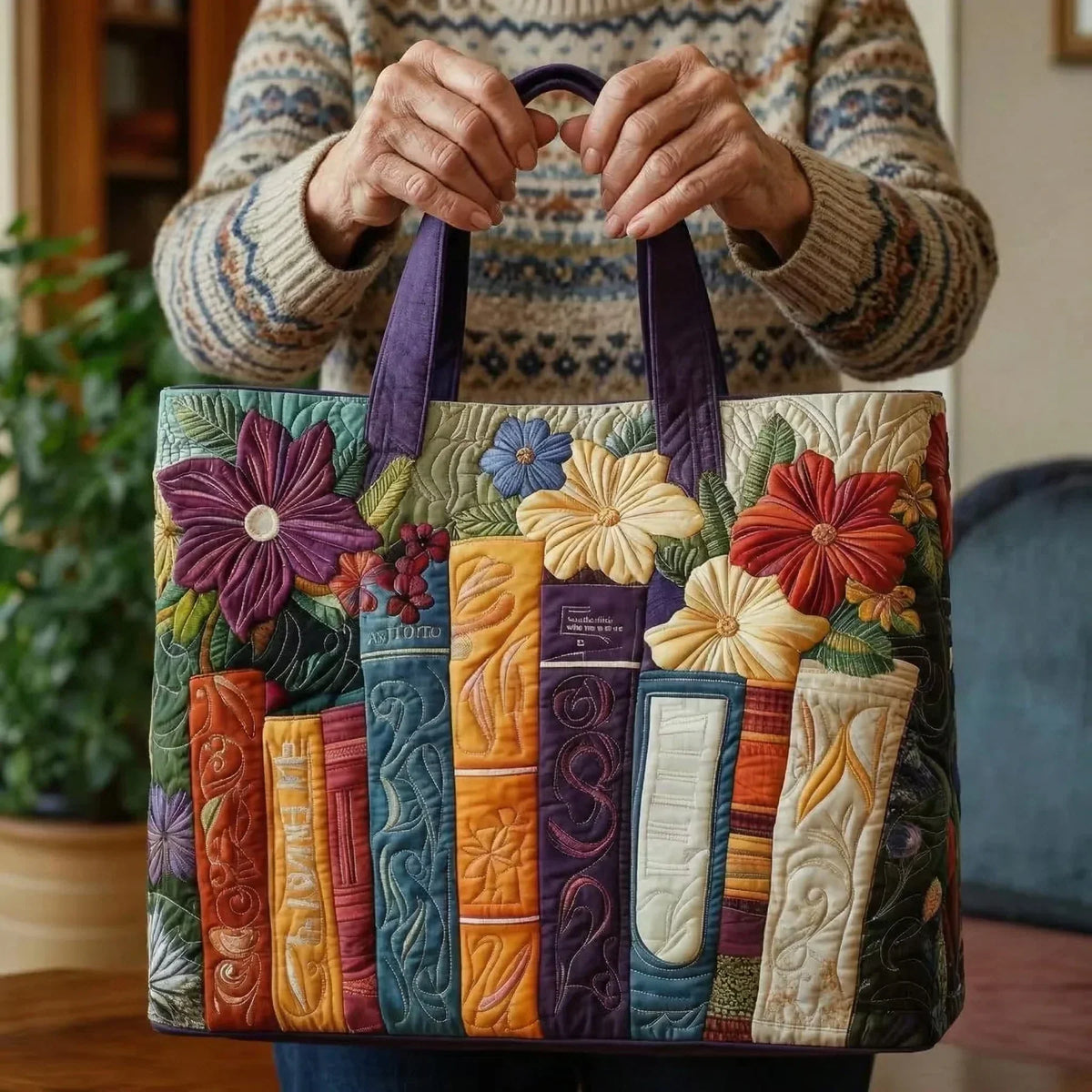 Bolso acolchado con motivo de libros