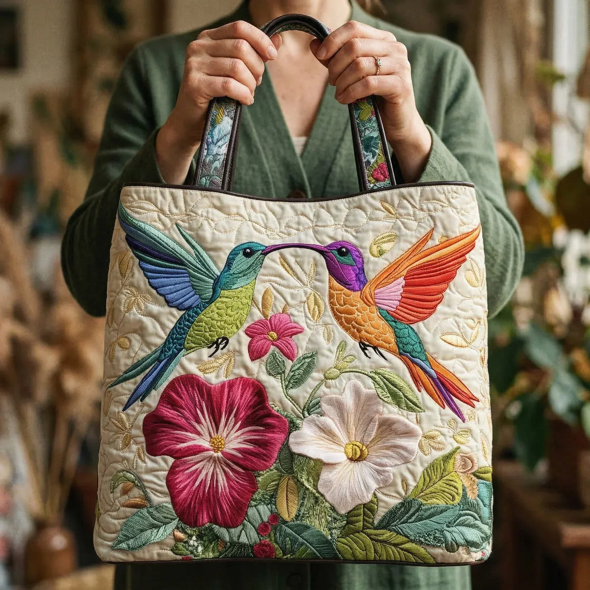 Bolso acolchado con colibríes y flores