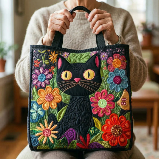 Bolso acolchado con gato negro y flores