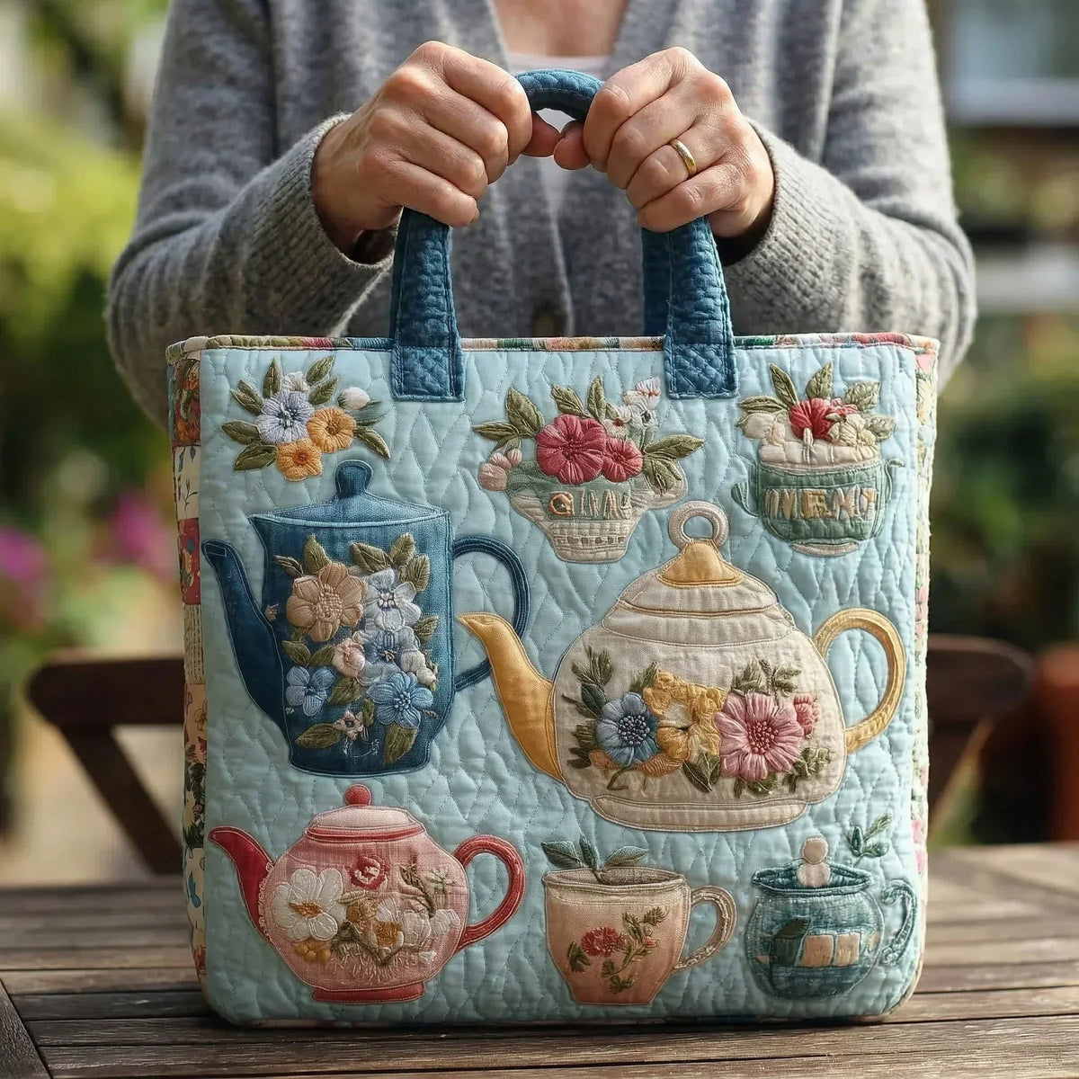 Bolso acolchado con teteras y flores
