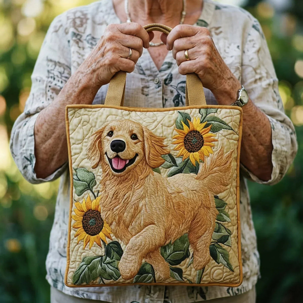 Bolso acolchado con golden retriever y girasoles