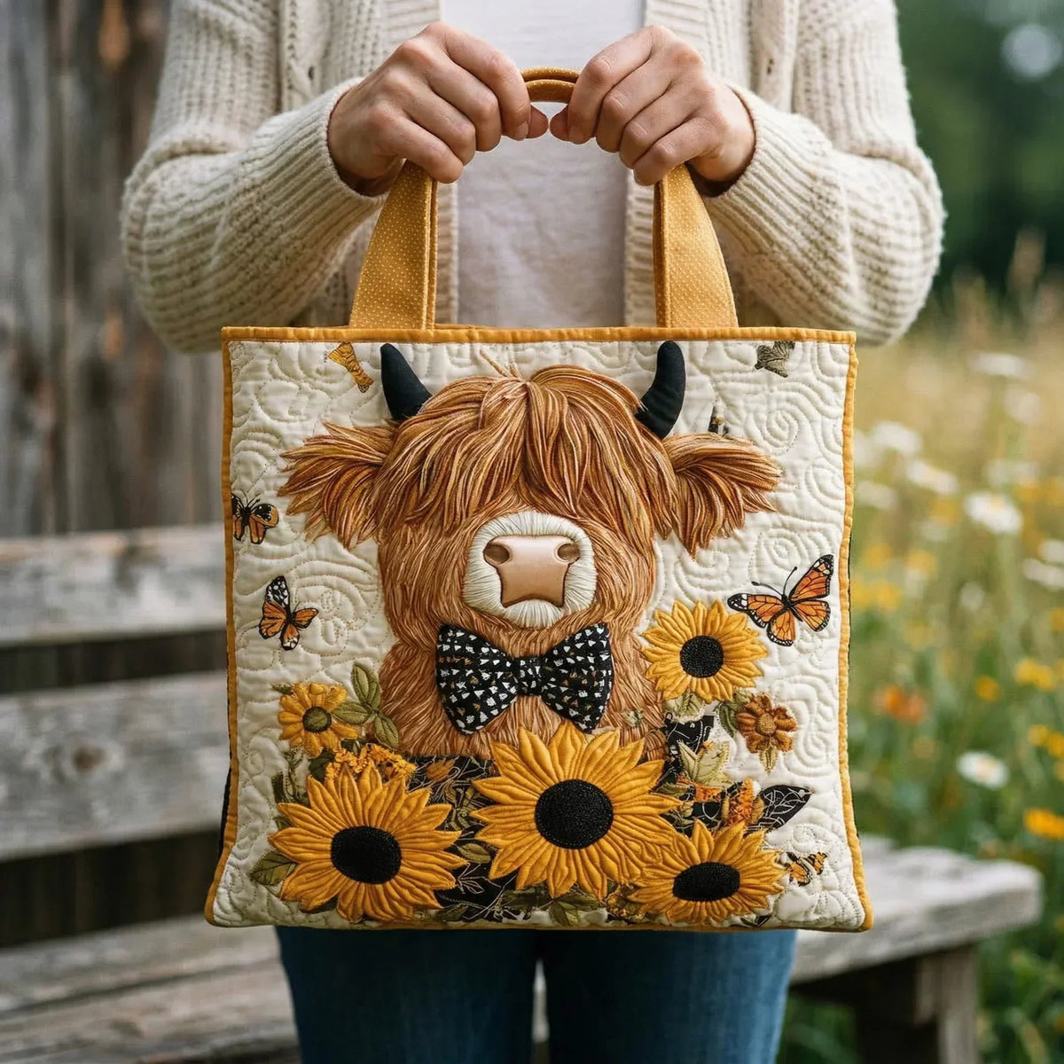 Bolso acolchado con vaca y girasoles