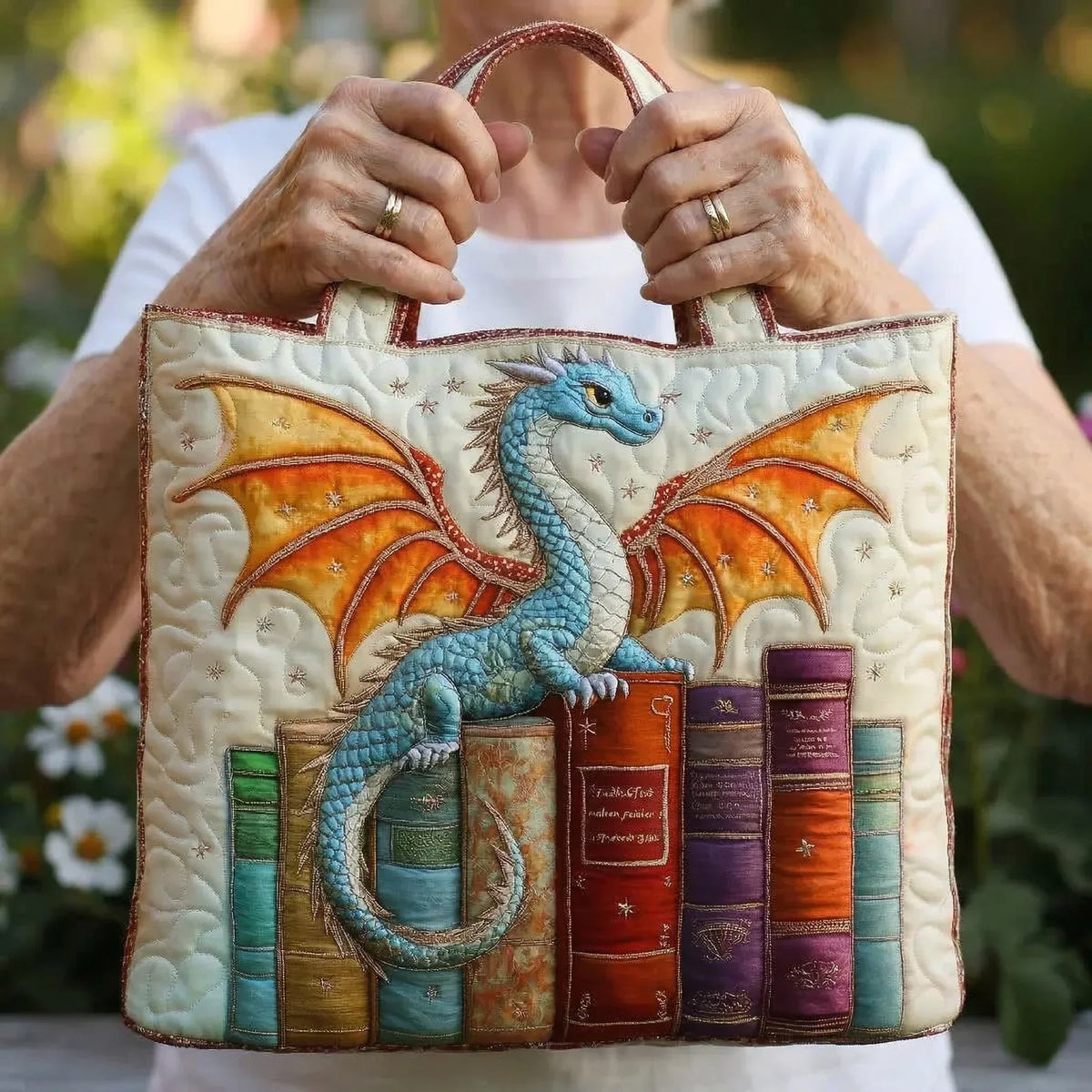 Bolso acolchado con dragón custodio de libros