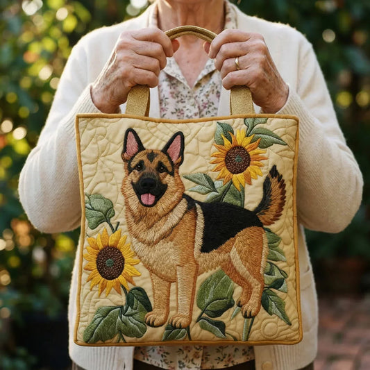 Bolso acolchado con pastor alemán y girasoles