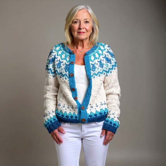 Cárdigan azul y blanco estampado