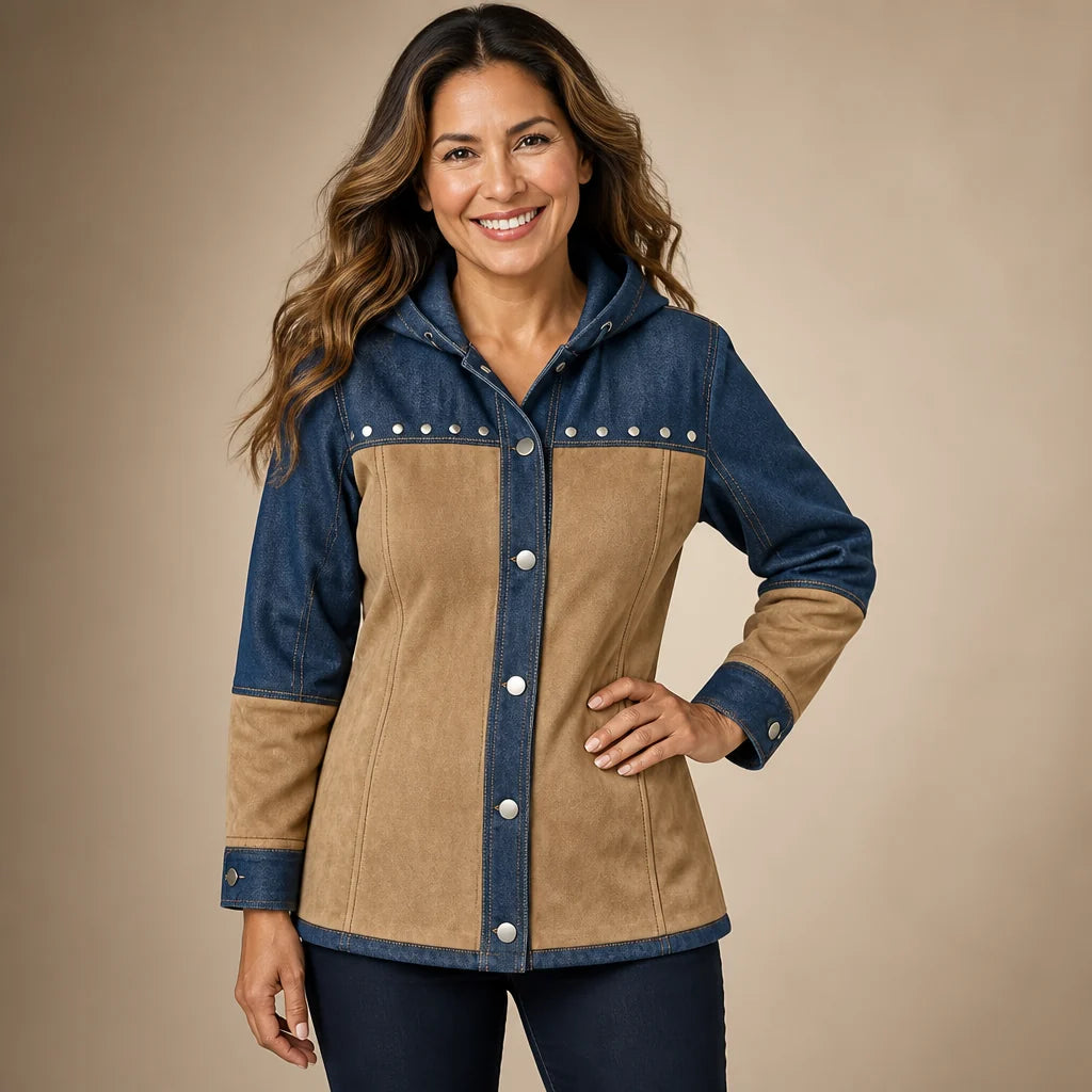 Chaqueta bicolor con capucha y tachuelas