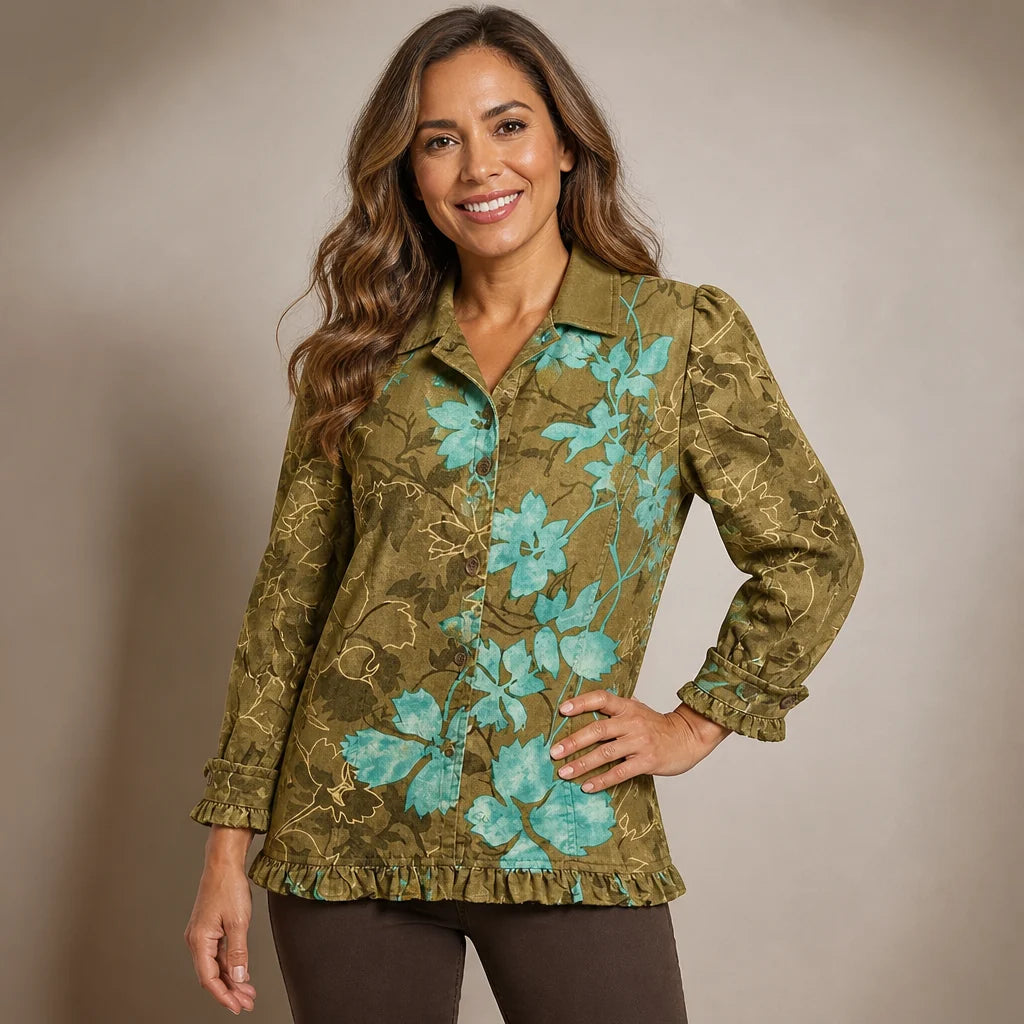 Chaqueta floral con volantes y doble botonadura