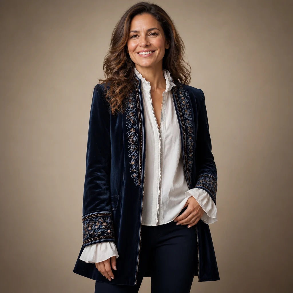 Chaqueta larga con bordado ornamental