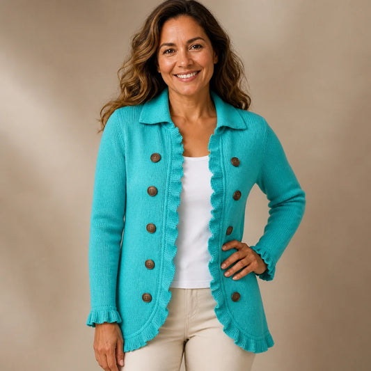 Chaqueta de punto con volantes turquesa