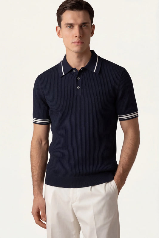 Navy Mercurial Polo | Knit Polo with Striped Sleeves