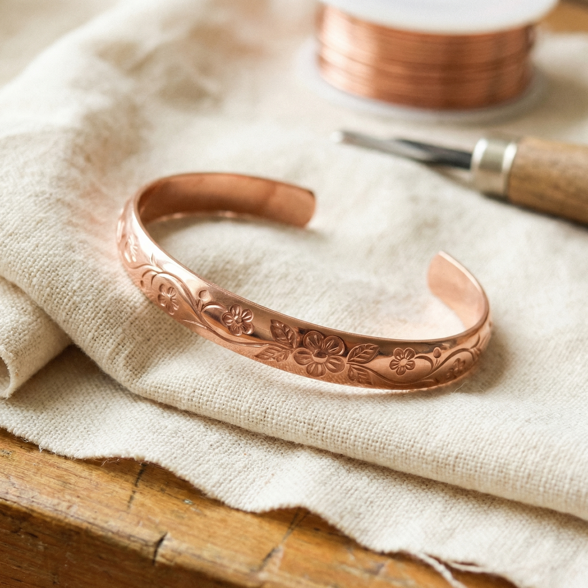 Pulsera de cobre con detalle floral
