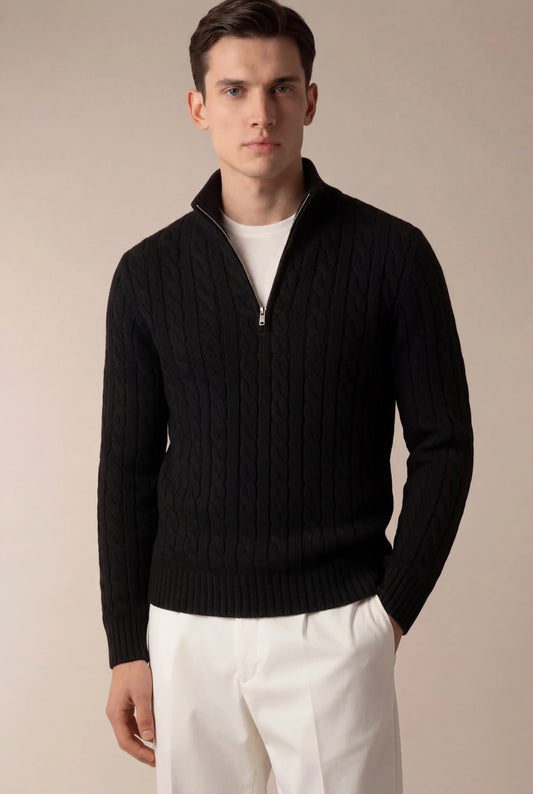 Sero Zip Knit Black | Cable-Knit Merino Sweater