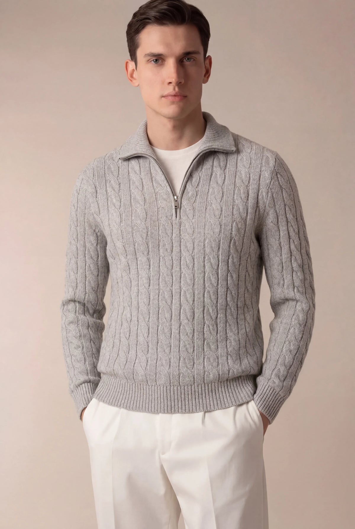 Sero Zip Knit Grey | Cable-Knit Merino Sweater