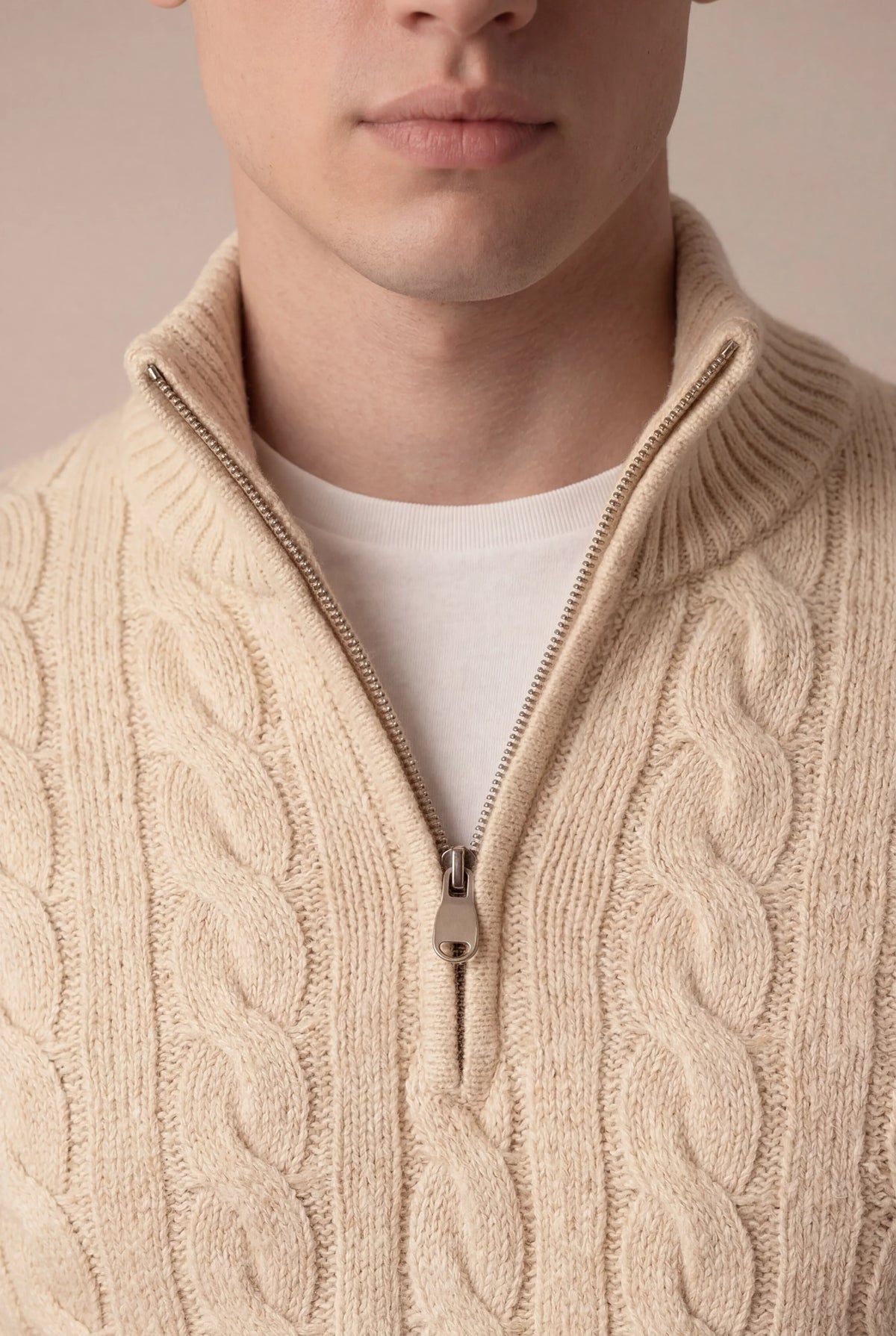 Sero Zip Knit Beige | Cable-Knit Merino Sweater
