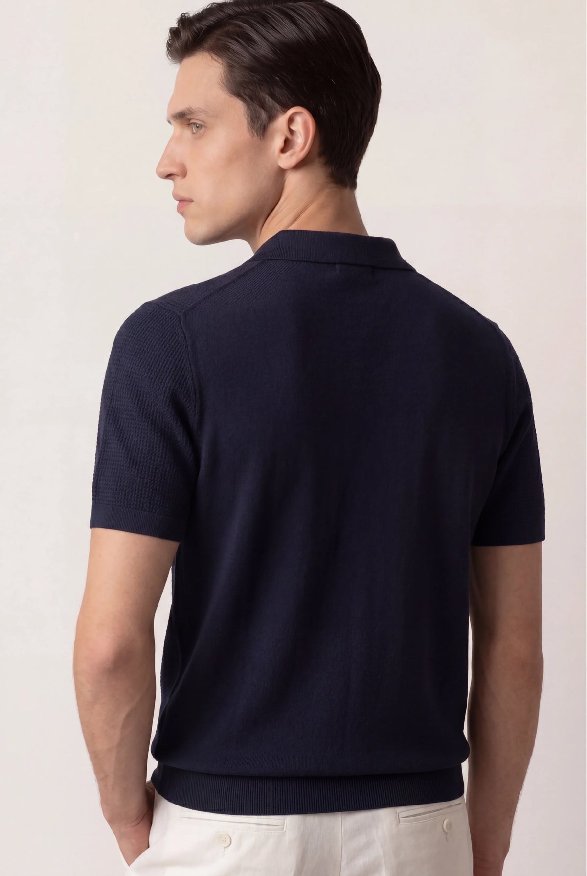 Navy Classic Drift Polo | Knit Polo with Striped Sleeves