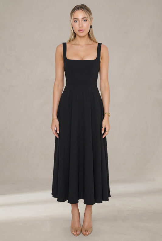 Vestido midi fluido con cuello cuadrado