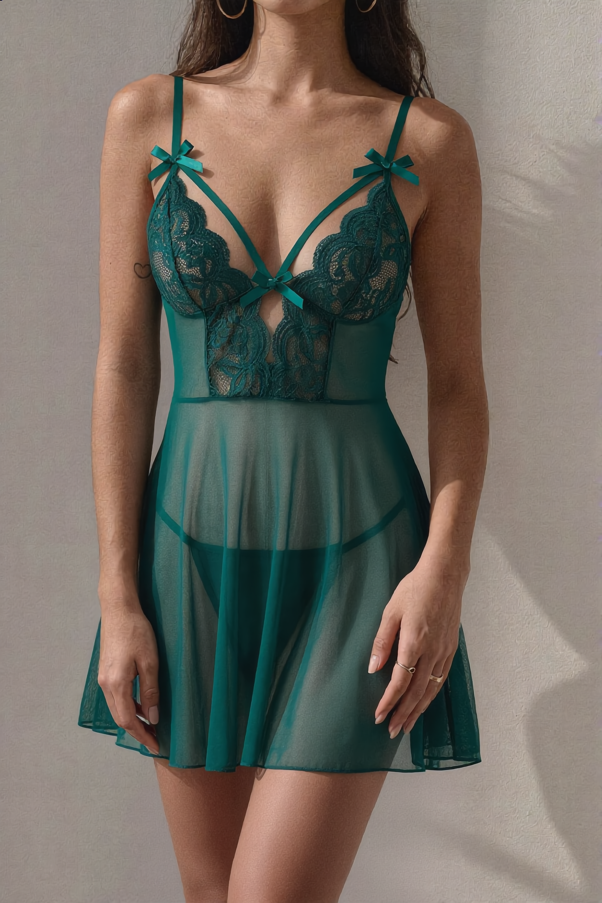 Midnight Lace | Sheer Babydoll Set in Green
