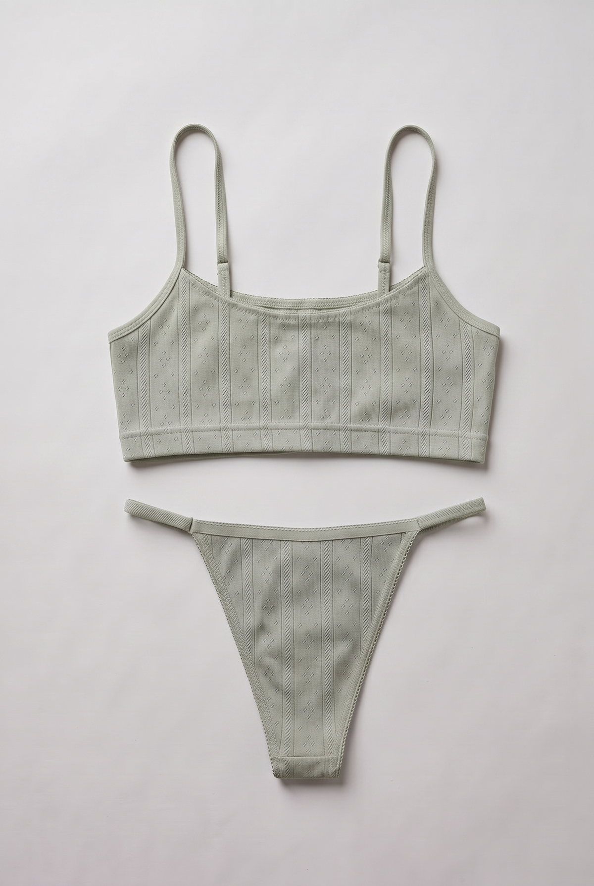 Pointelle Vert d'Eau | Cotton Lingerie Set with Slim Thong