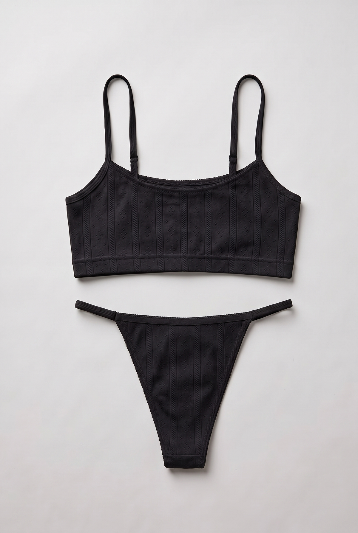 Pointelle Noir | Cotton Lingerie Set with Slim Thong