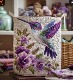 Cesto acolchado hecho a mano con colibrí