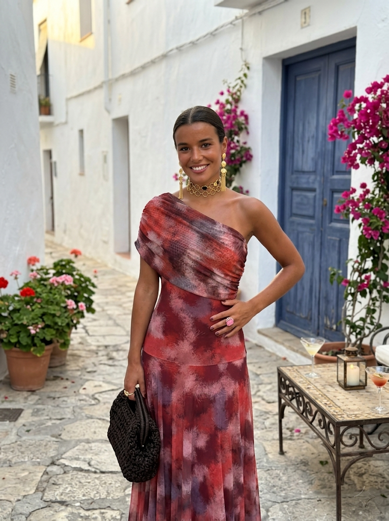 Vestido largo estampado con escote asimétrico