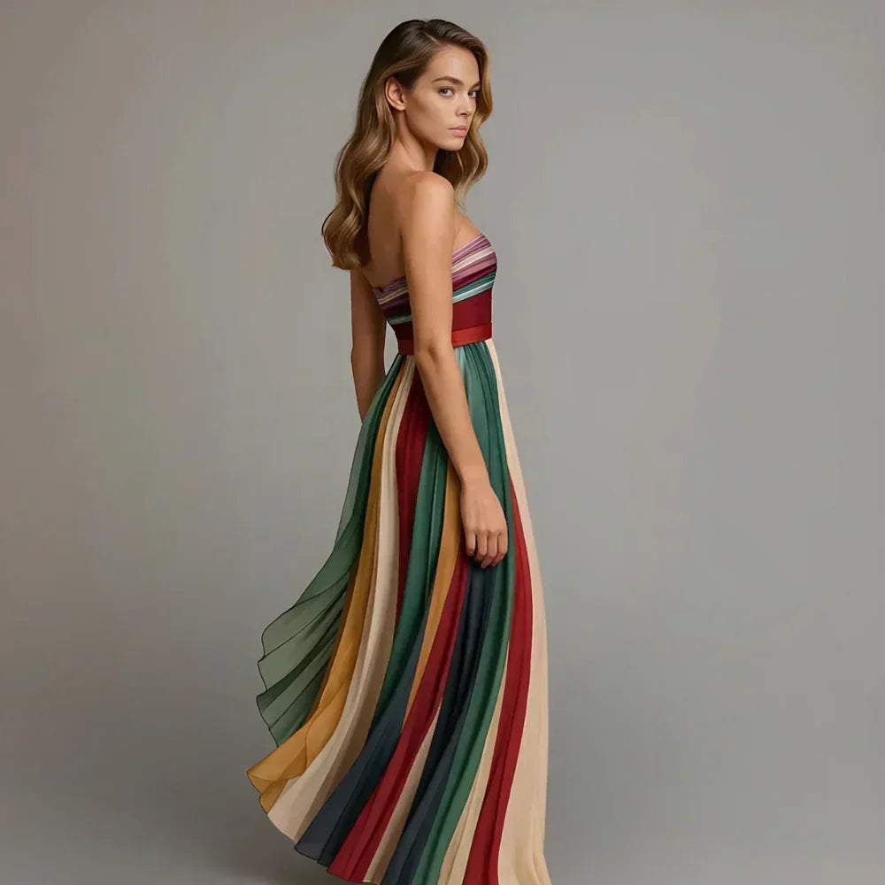 Vestido midi plisado con rayas multicolor