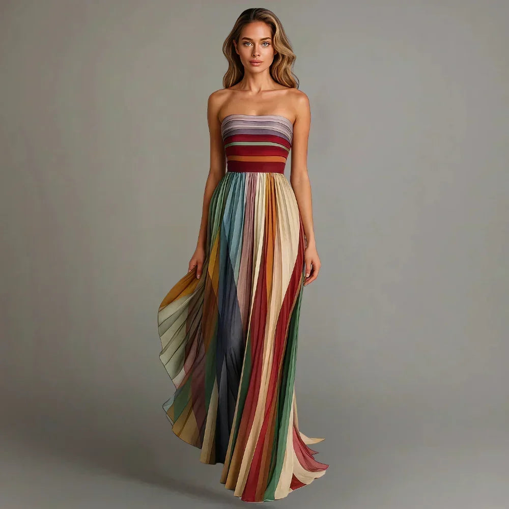 Vestido midi plisado con rayas multicolor