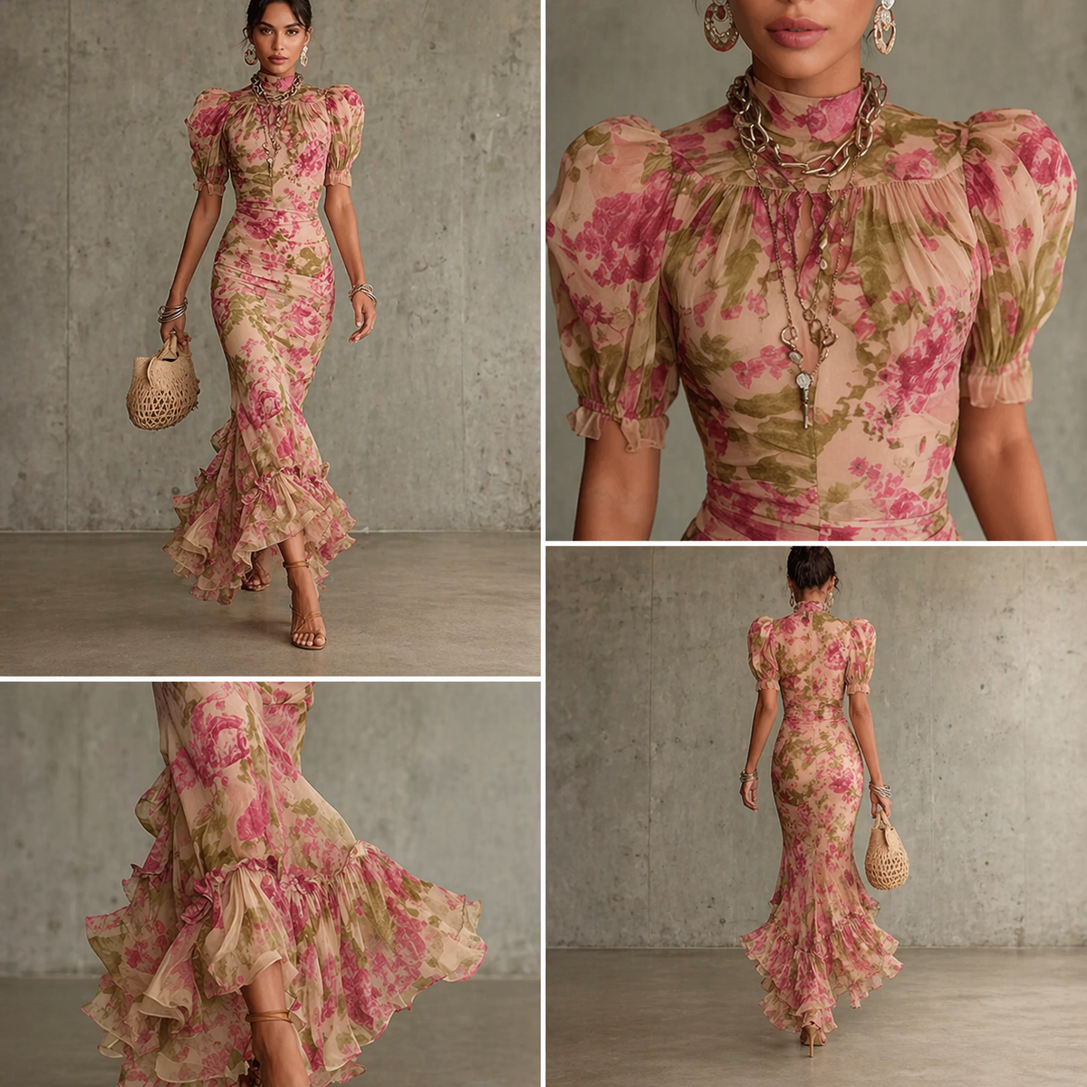 Vestido largo floral con mangas abullonadas