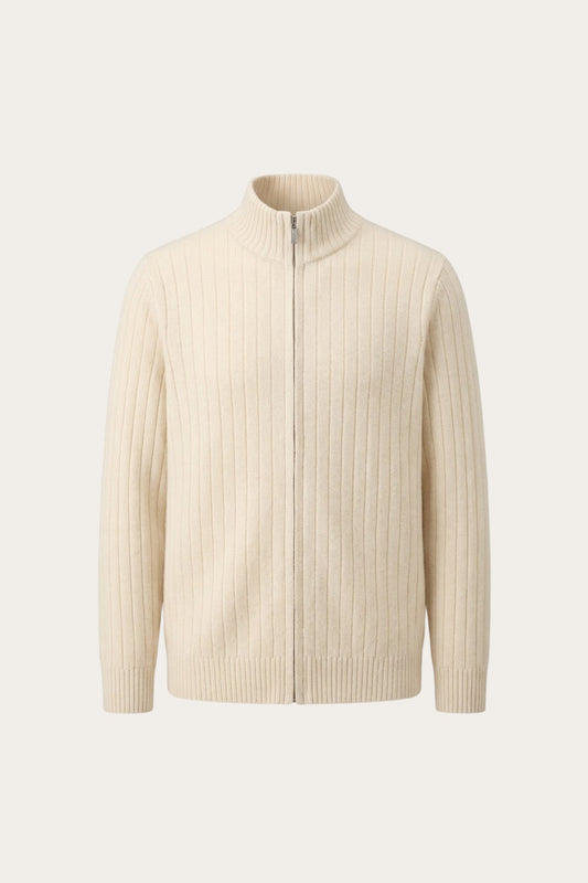Leon Rib Zip-Up Beige | Ribbed Zip-Up Knit
