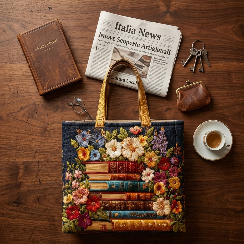 Bolso de lona con estampado de flores y libros