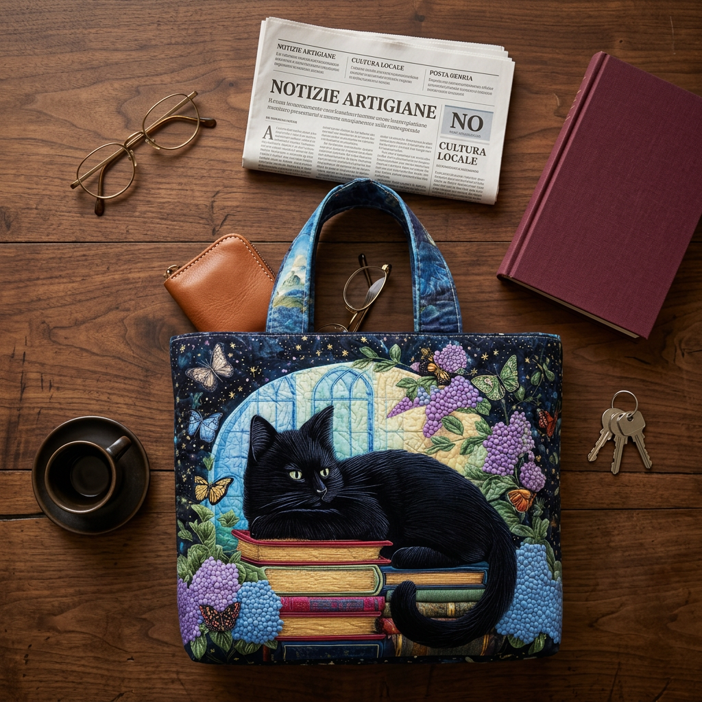 Bolso acolchado con gato negro y libros
