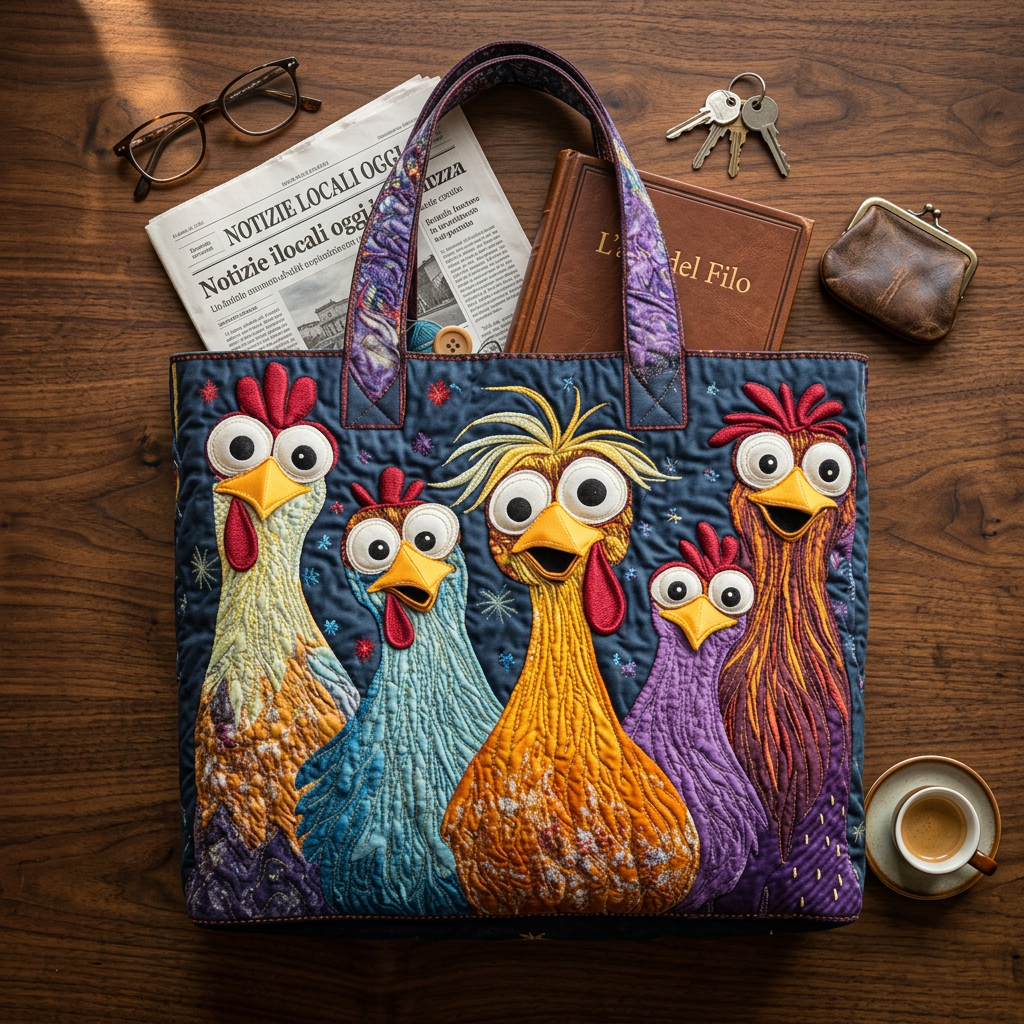 Bolso acolchado con cinco gallinas de colores