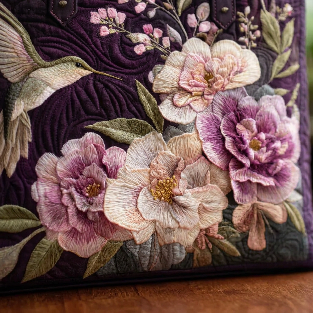 Bolso trapuntado con colibrí y orquídeas