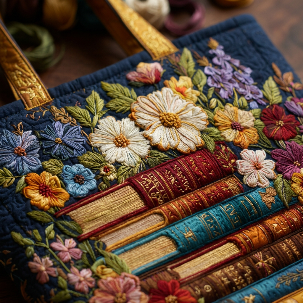 Bolso de lona con estampado de flores y libros