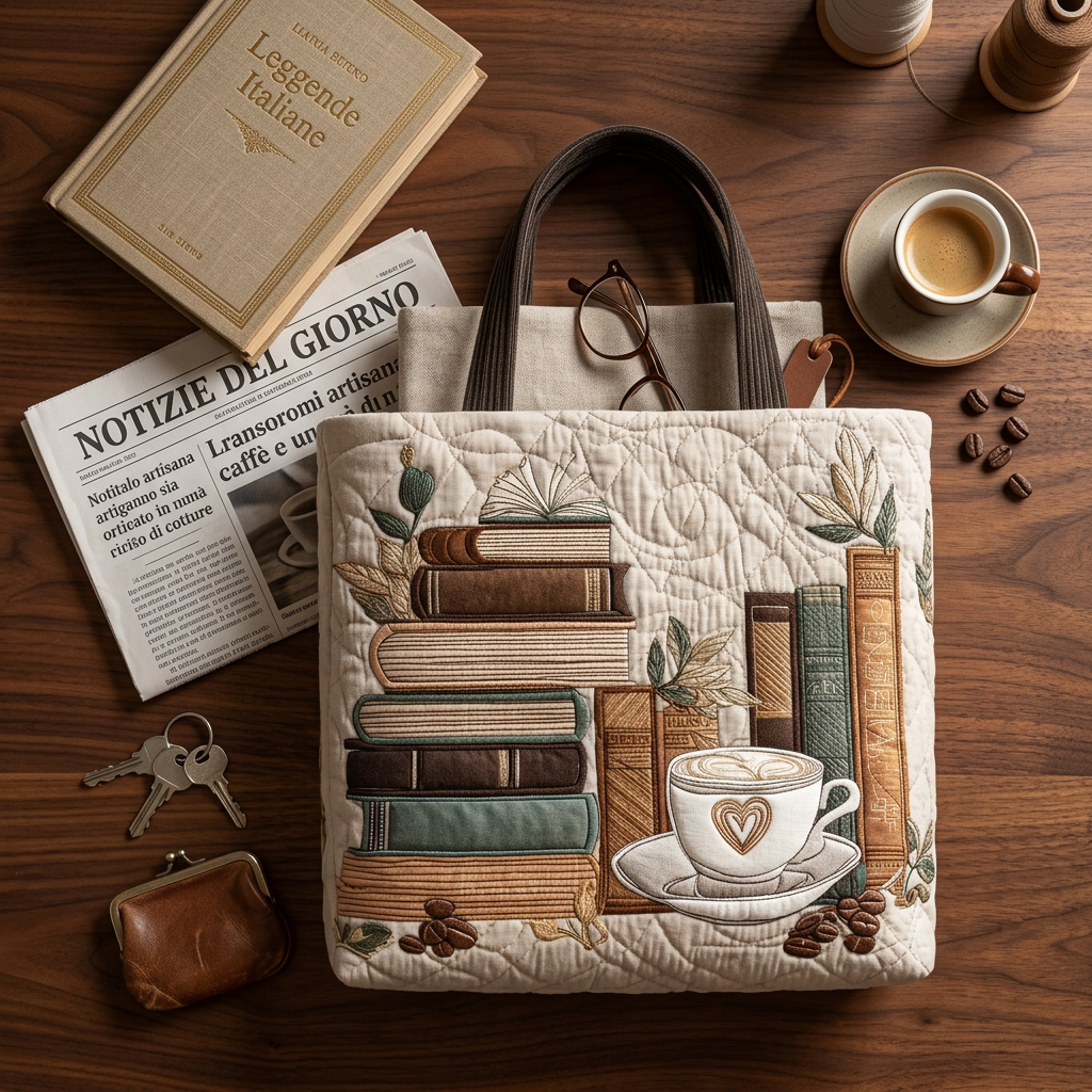 Bolso acolchado con motivo de libros y café