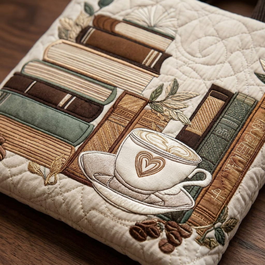 Bolso acolchado con motivo de libros y café