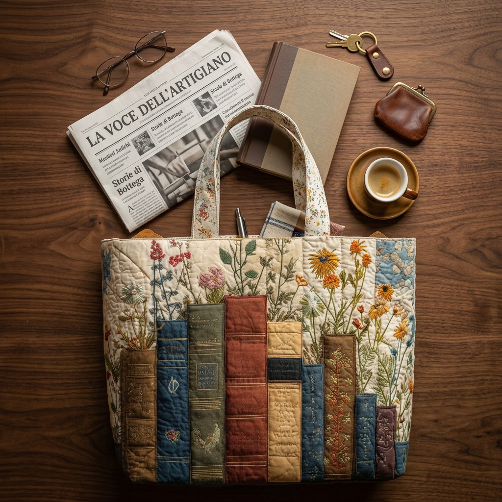 Bolso acolchado con estampado de libros y flores