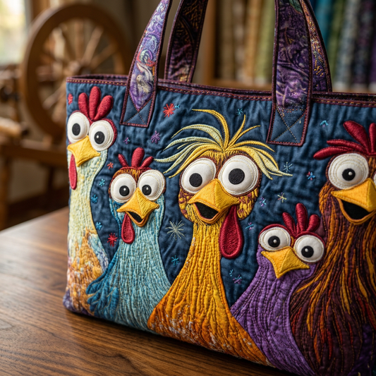 Bolso acolchado con cinco gallinas de colores