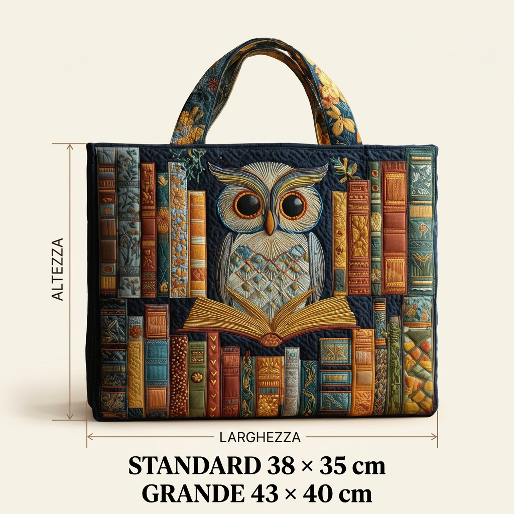 Bolso de mano con búho y libros