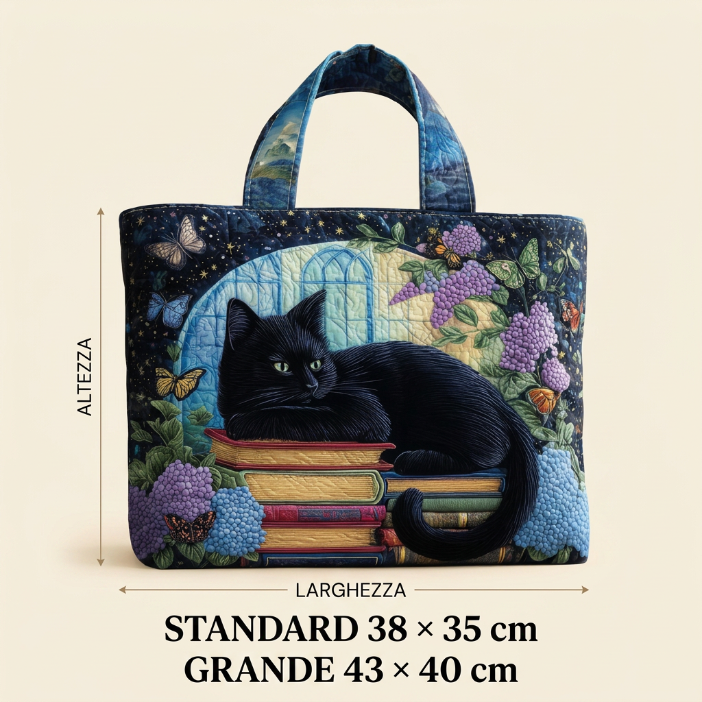 Bolso acolchado con gato negro y libros
