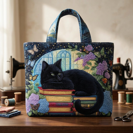 Bolso acolchado con gato negro y libros
