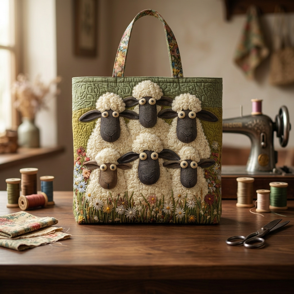 Bolso acolchado con cinco ovejas