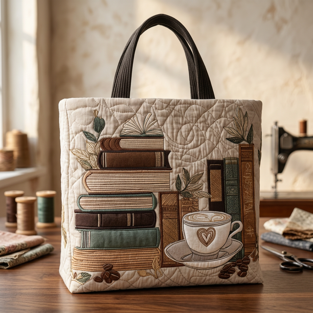 Bolso acolchado con motivo de libros y café