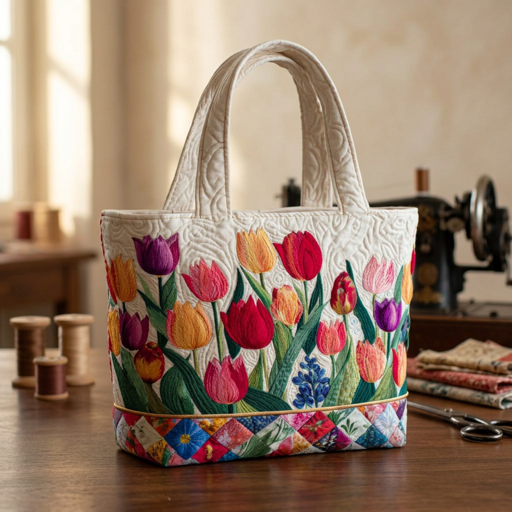 Bolso de mano acolchado con tulipanes