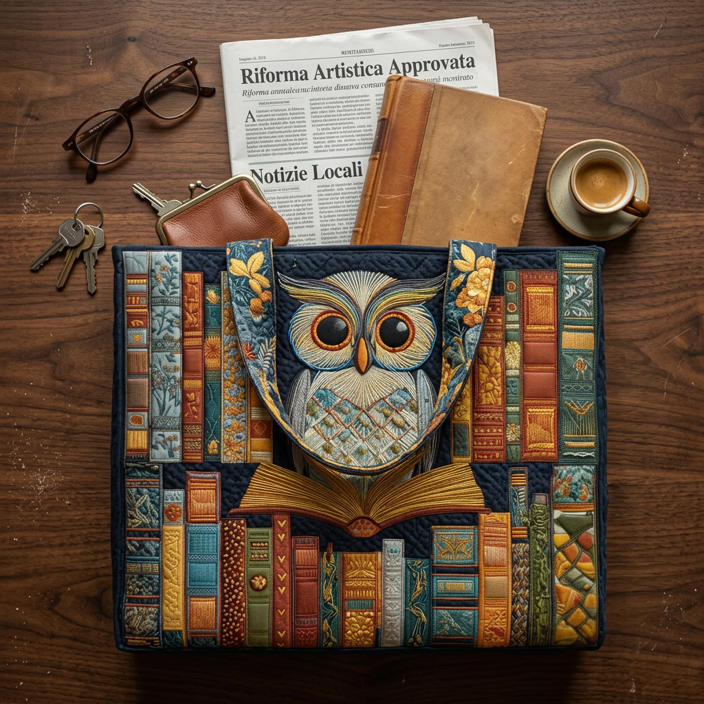 Bolso de mano con búho y libros