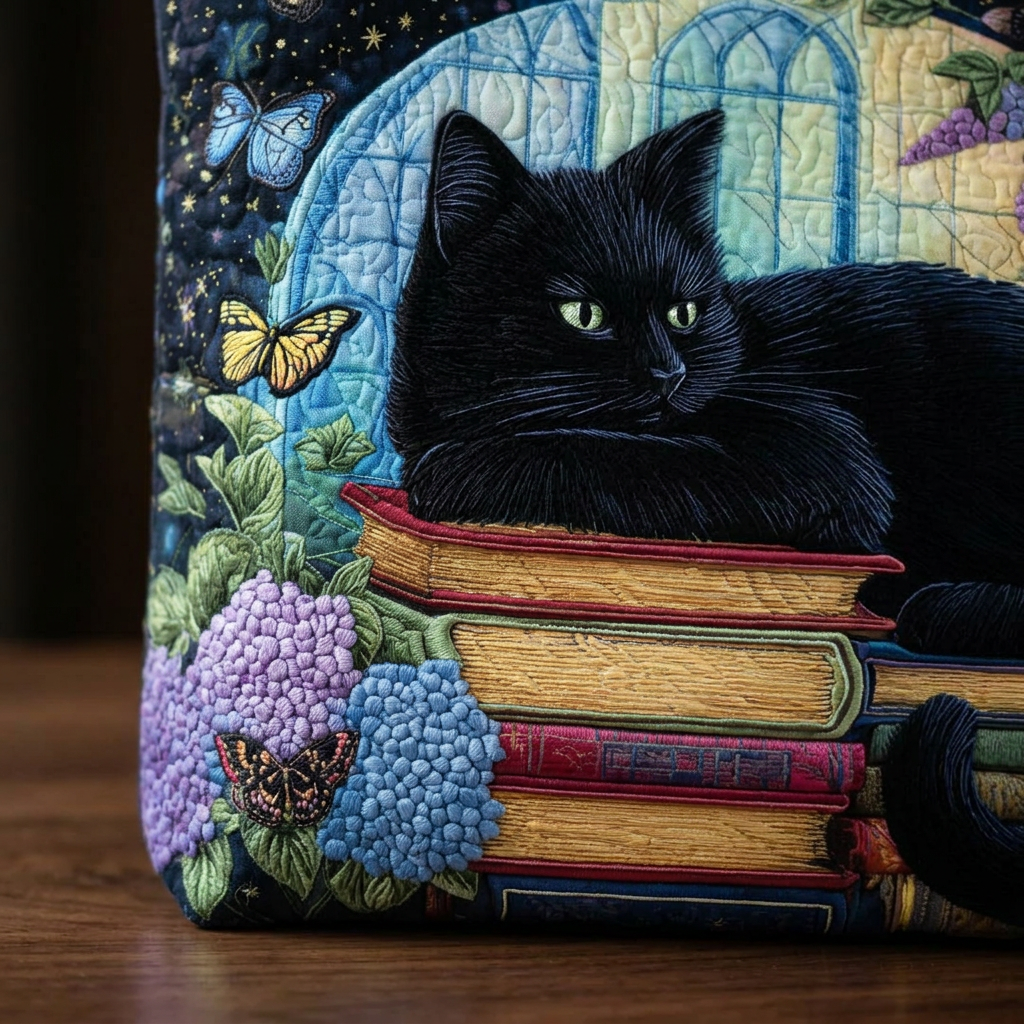 Bolso acolchado con gato negro y libros