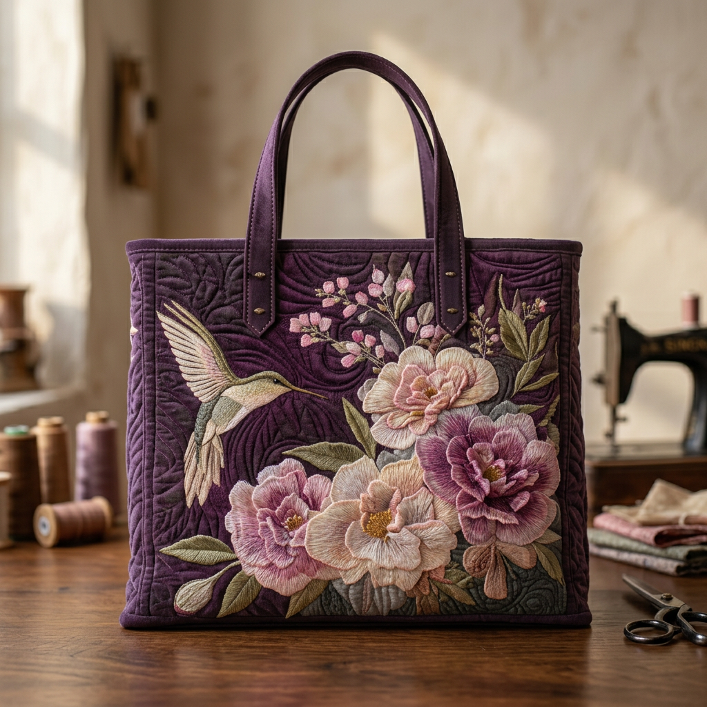 Bolso trapuntado con colibrí y orquídeas