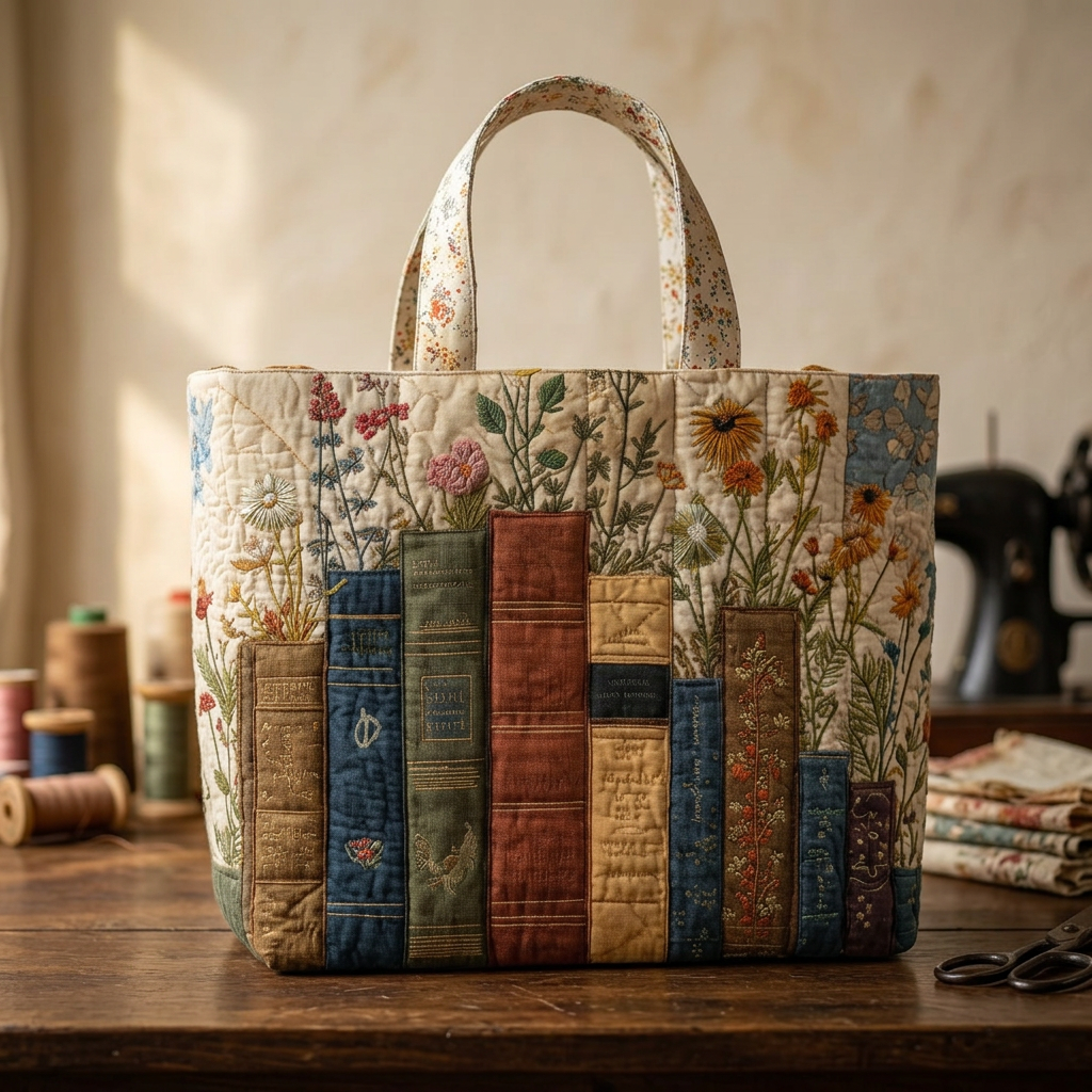 Bolso acolchado con estampado de libros y flores
