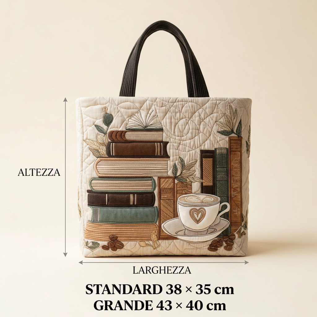 Bolso acolchado con motivo de libros y café