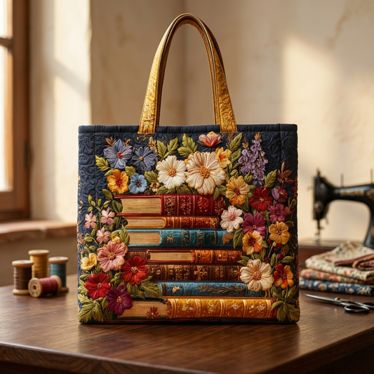 Bolso de lona con estampado de flores y libros